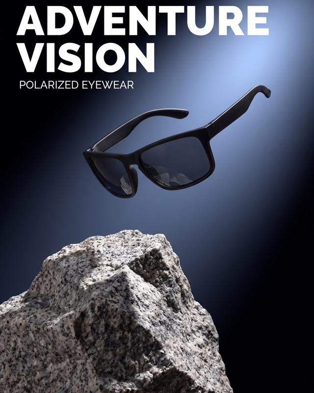 A pair of matte black sunglasses suspended above a granite rock, lit blue.