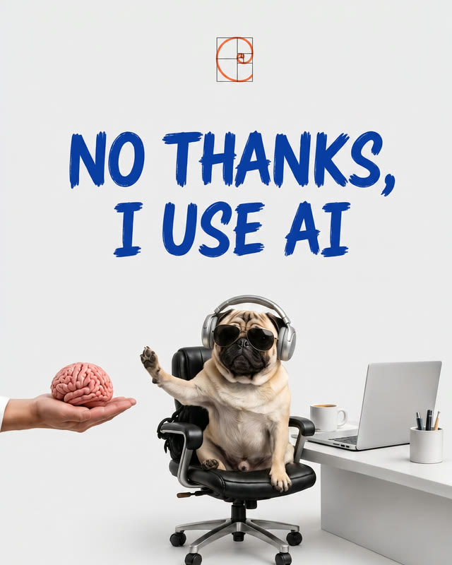 A poster reading NO THANKS, I USE AI in blue brush lettering, over a pug in headphones and sunglasses at an office desk, waving away an offered brain.