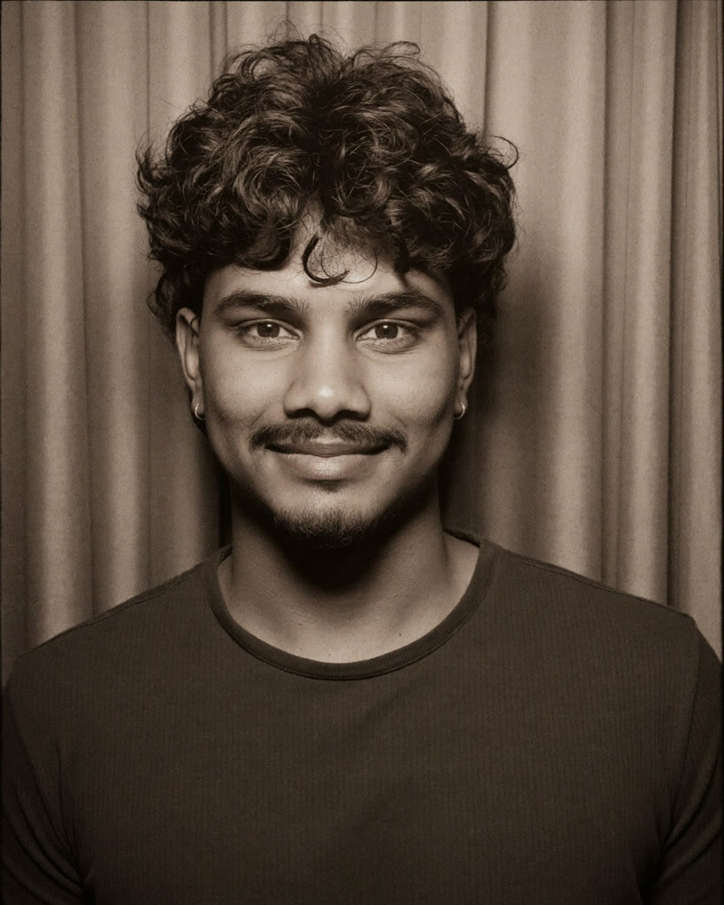 Nadil, co-founder, portrait against a curtain backdrop